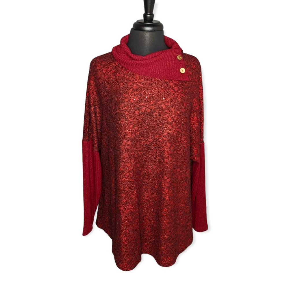 Red Sparkly/Glittery Embellished Floral Long Sleeve Blouse Size XL